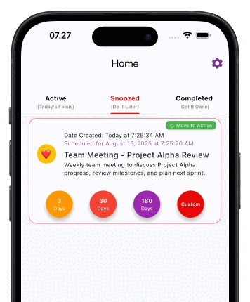 The app's Home screen with Active, Snoozed and Completed tabs