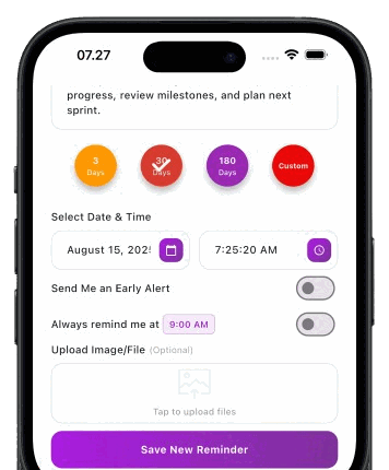 A reminder with additional notes, date and time, and a file upload area
